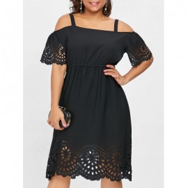Plus Size Square Neck Cutwork Knee Length Dress (BLACK)