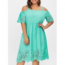 Plus Size Square Neck Cutwork Knee Length Dress (MINT GREEN)