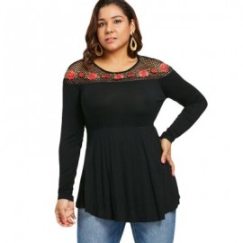 Plus Size Hollow Out Floral Patch Long Sleeve Top (BLACK)