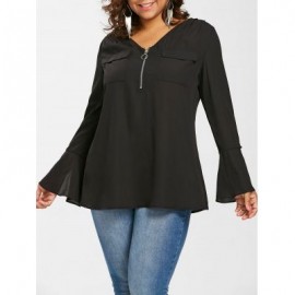 Plus Size Flare Sleeve Half Zip Blouse (BLACK)