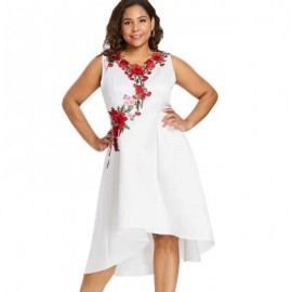 Plus Size Embroidery V Neck Dress (WHITE)
