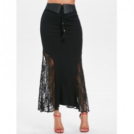 Lace Panel Long Skirt with Belt (BLACK)