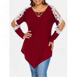 Plus Size Lace Lattice Long Sleeve Top (RED WINE)