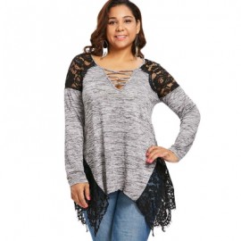 Plus Size Lace Trim V Neck Handkerchief Hem T-shirt (GRAY)