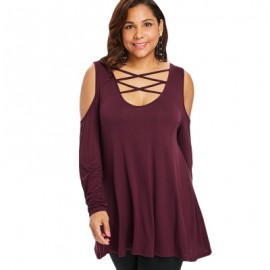 Plus Size U Neck Criss Cross Open Shulder T-shirt (RED WINE)