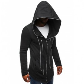 MULTI ZIPPER EMBELLISHED SOLID COLOR HOODED JACKET (BLACK)
