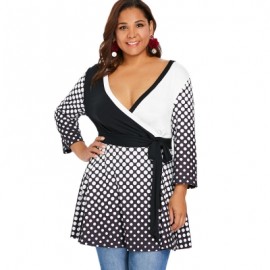 Plus Size Long Sleeve Polka Dot Deep V Neck Surplice T-shirt (BLACK)