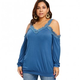 Plus Size V Neck Cold Shoulder Lace Trim T-shirt (BLUE)