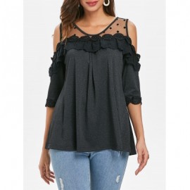 Lace Trim Cut Out Shoulder Blouse (BLACK)