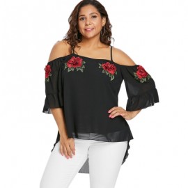 Plus Size Flare Sleeve Embroidery Blouse (BLACK)