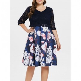 Plus Size Lace Panel Floral Print Knee Length Dress  (CADETBLUE)