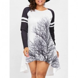 Plus Size Tree Print High Low Dress (WHITE)