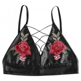 Spaghetti Strap Lace-up Floral Embroidery PU Women Crop Top (BLACK)