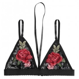 Spaghetti Strap Halter Neck Floral Embroidery Spliced Lace Women Bra Top (BLACK)