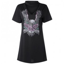 Hanging Neck V-neck T-shirt Eagle and Floral Printing Cotton Dress (BLACK)
