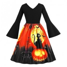 Flare Sleeve Plus Size Pumpkin Lantern A Line Dress (BLACK)