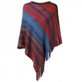 Boat Neck Chevron Stripe Fringed Knit Poncho Women Pullover Sweater (CHERRY RED)