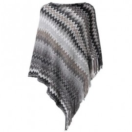 Boat Neck Chevron Stripe Fringed Knit Poncho Women Pullover Sweater (GRAY CLOUD)