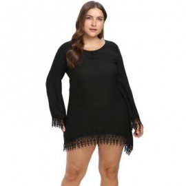 Round Collar Long Sleeve Fringed Lace Crochet Plus Size Women Mini Dress (BLACK)