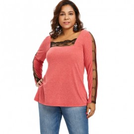 Lace Panel Plus Size Square Neck T-shirt (BEAN RED)