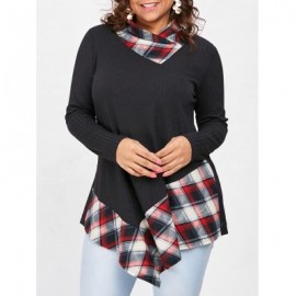 Plus Size Tartan Print Asymmetrical T-shirt (BLACK)