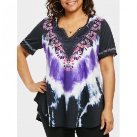 Plus Size V Neck Tie Dye T-shirt (PURPLE)