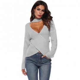 Deep V Neck Stand Collar Sexy Low Cut Irregular Cross Long Sleeve Women Sweater (GRAY CLOU