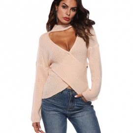Deep V Neck Stand Collar Sexy Low Cut Irregular Cross Long Sleeve Women Sweater (DESERT SA