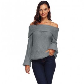 Off The Shoulder Long Bell Sleeve Overlap Solid Color Women Pullover Sweater (BATTLESHIP G
