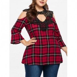 Plus Size Cut Out Shoulder Plaid Top (RED)
