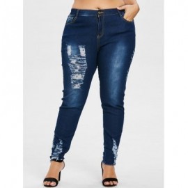 Plus Size Floral Embroidered Torn Jeans (DENIM DARK BLUE)