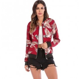Stand Collar Long Sleeve Bird Print Pocket Women Jacket (LOVE RED)