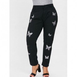 Plus Size Ripped Butterfly Embroidery Jeans (BLACK)