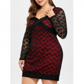 Plus Size Floral Lace Long Sleeve Dress (LOVE RED)
