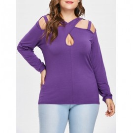 Plus Size Shoulder Cut Long Sleeve T-shirt (PURPLE)