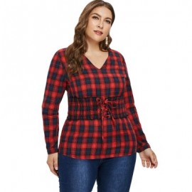 Plus Size Lace Up Corset Tartan Shirt (RED)
