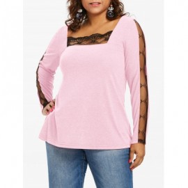LACE PANEL PLUS SIZE SQUARE NECK T-SHIRT (LIGHT PINK)