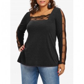 LACE PANEL PLUS SIZE SQUARE NECK T-SHIRT (BLACK)