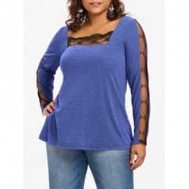 LACE PANEL PLUS SIZE SQUARE NECK T-SHIRT (EARTH BLUE)