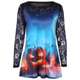 Round Collar Long Sleeve Spliced Lace Halloween Print Women T-shirt (CORAL BLUE)