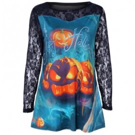Round Collar Long Sleeve See-through Lace Halloween Print Women T-shirt (PEACOCK BLUE)