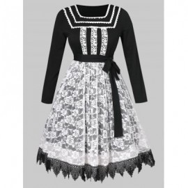 Plus Size Floral Lace Belted Dress (BLACK)