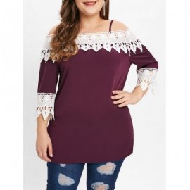 Plus Size Lace Panel Spaghetti Strap T-shirt  (PURPLE)