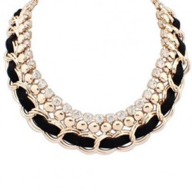 ELEGANT RHINESTONE DECORATED KNITTED LAYERED DESIGN PENDANT NECKLACE FOR WOMEN (BLACK)
