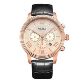 MEGIR 2304 30M WATER RESISTANCE QUARTZ WATCH WITH LEATHER STRAP (BLACK LEATHER GOLD ROSE)