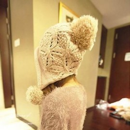 CUTE BIG BALL EMBELLISHED SOLID COLOR WOOLEN CAP FOR WOMEN (BEIGE)