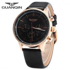GUANQIN MALE LEATHER CALENDAR LUMINOUS ANALOG QUARTZ WATCH WITH MOVING SUB-DIALS (BLACK GO