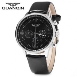 GUANQIN MALE LEATHER CALENDAR LUMINOUS ANALOG QUARTZ WATCH WITH MOVING SUB-DIALS (BLACK SI