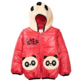 CUTE PANDA HAT LONG SLEEVE ZIPPERED PRINTED PADDED COAT FOR KIDS (RED)