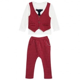 BRITISH STYLE ROUND NECK LONG SLEEVE COTTON BABY BOYS FAUX TWINSET (WINE RED)